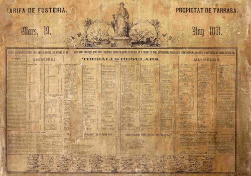 <p>Tarifa de la fusta, 19/03/1871. Societat d’obrers i fusters de Terrassa. AHT-ACVOC.</p>
