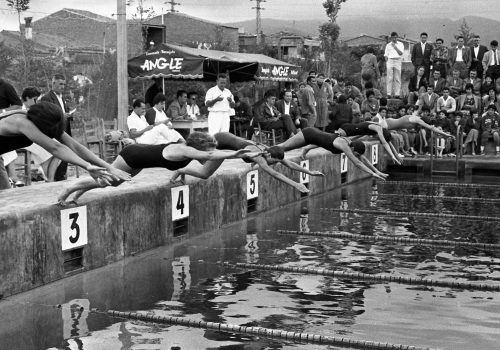<p>Proves eliminatòries dels Campeonatos de Cataluña de natació femenina, celebrats a la piscina de la Zona Deportiva de Tarrasa, les tardes del 19 i 20 d’agost de 1961. Patrocinats per l’Ajuntament i a benefici del Centre de Rehabilitació Infantil de la ciutat.<br />
Fotografia: Joan Biarnés – Procedència: Arxiu Municipal de Terrassa (AMAT) – Reg: 103_033</p>
