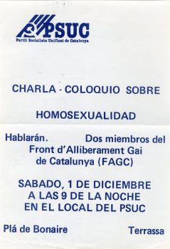 <p>Cartell d’una xerrada amb militants del FAGC organitzada pel PSUC el 1979.</p>
