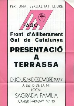 <p>Cartell convocant a l’acte de presentació pública del FAGC a Terrassa, el 15 de desembre del 1977 a l’església de la Sagrada Família.</p>
