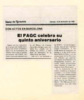 <p>Article del <em>Diario de Terrassa</em> del 1980 sobre el cinquè aniversari del FAGC.</p>
