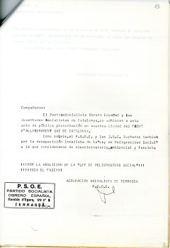 <p>Comunicat de l’agrupació de Terrassa del PSOE en solidaritat amb el FAGC amb motiu de la seva presentació.</p>
