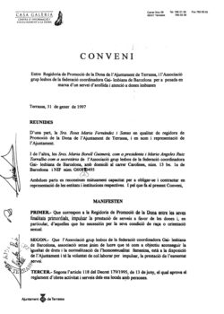 <p>Primera plana del conveni entre la Regidoria de Promoció de la Dona i el Grup Lesbos per la creació del servei d’atenció a dones lesbianes.</p>
